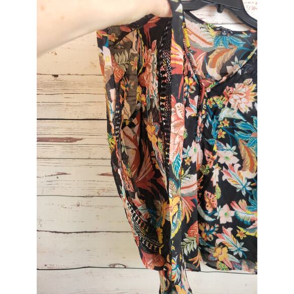 Zac & Rachel Batwing Boho Top Women's 1X V-Neck Semi Sheer Black Tropical - Picture 8 of 13